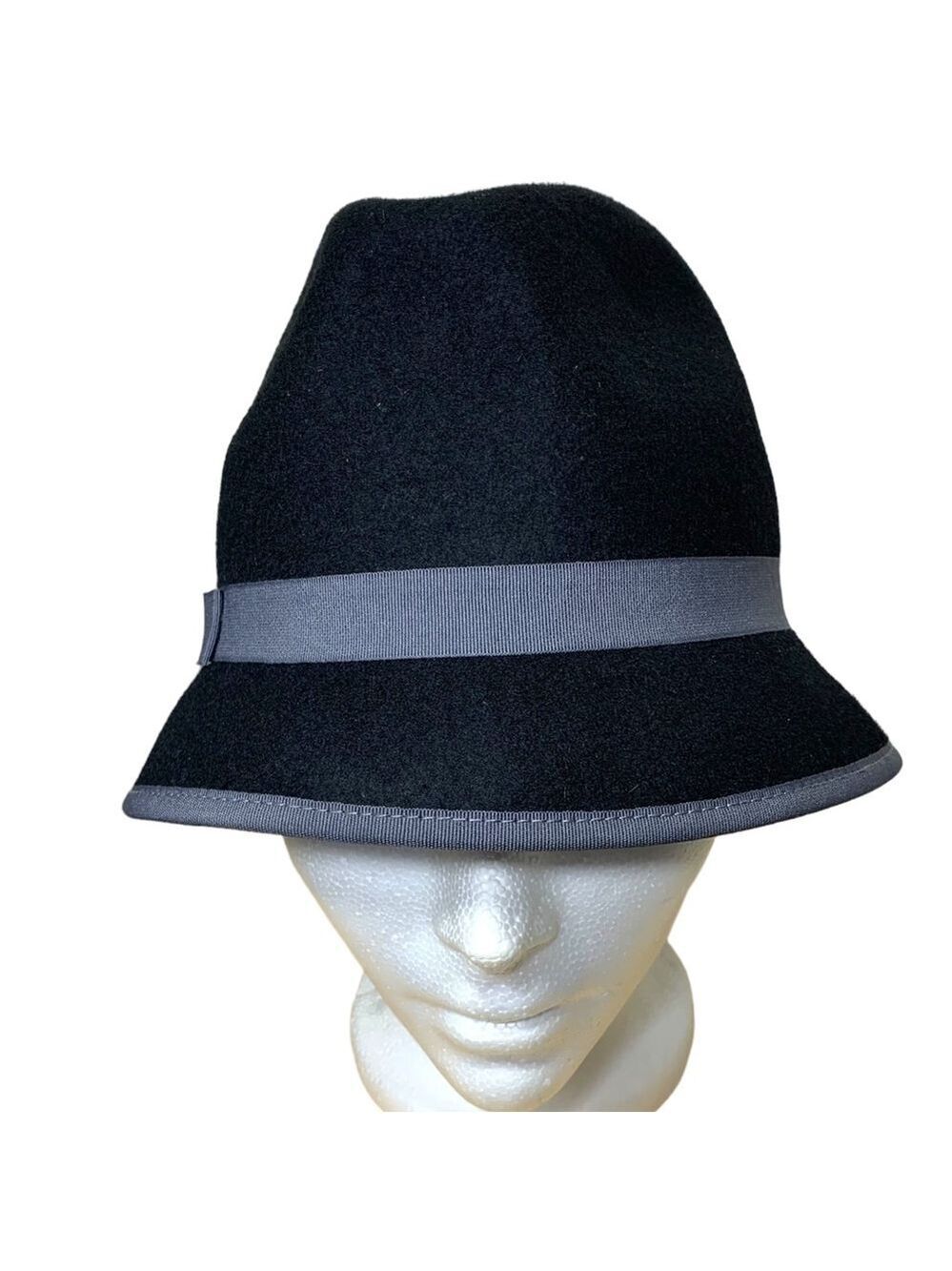 Black 100% Wool Fedora bucket Hat Gray ribbon One Size Timeless Neutral Classic